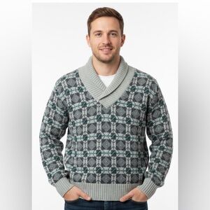 Vintage Robert Stock 100% Wool Shawl Collar Sweater Geometric Pattern Men’s L